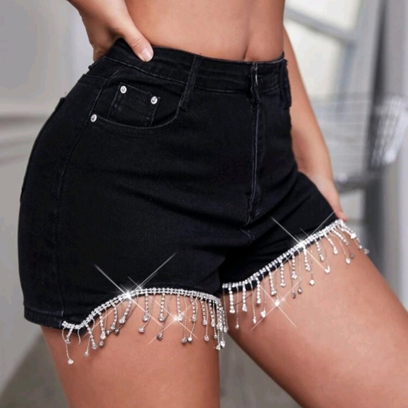 Black jean shorts with rhinestone drip - Picture 6 of 7